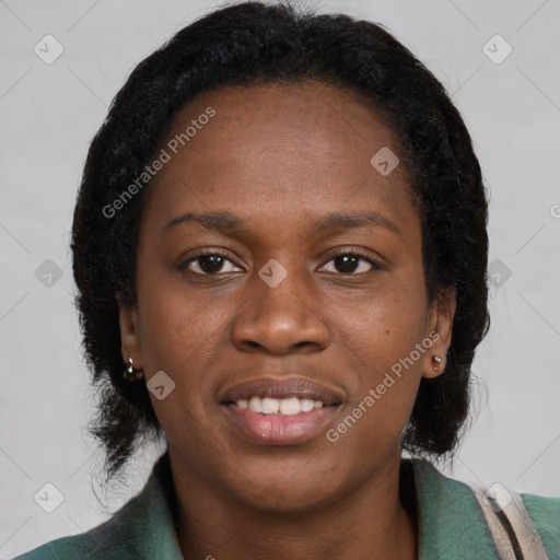 Joyful black young-adult female with medium  black hair and brown eyes