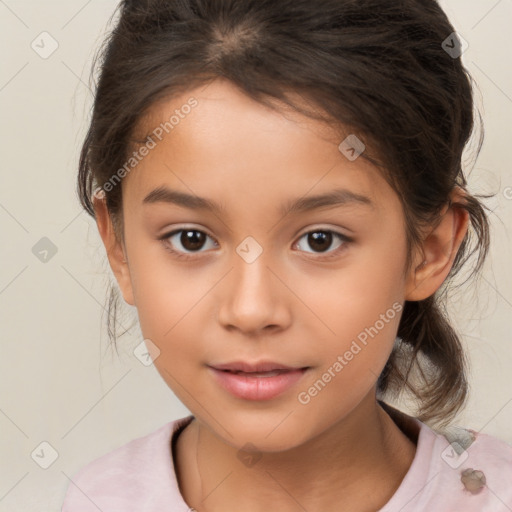 Joyful white child female with medium  brown hair and brown eyes