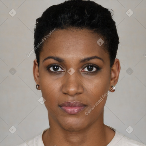 Neutral black young-adult female with short  black hair and brown eyes