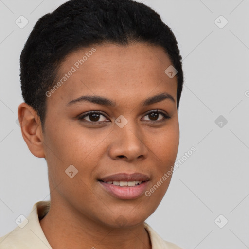 Joyful latino young-adult female with short  brown hair and brown eyes