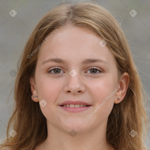 Joyful white child female with medium  brown hair and grey eyes