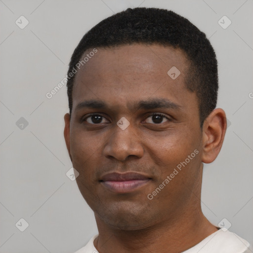Neutral black young-adult male with short  black hair and brown eyes