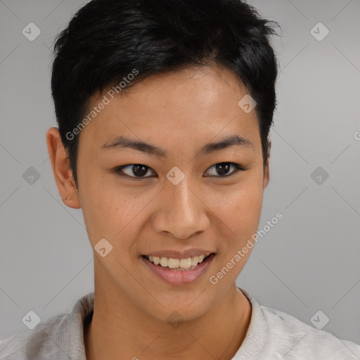 Joyful asian young-adult female with short  brown hair and brown eyes