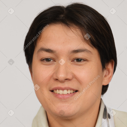 Joyful white adult female with short  brown hair and brown eyes