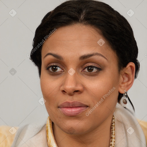 Joyful latino young-adult female with short  brown hair and brown eyes