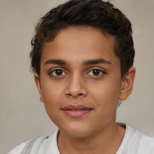 Joyful latino young-adult male with short  brown hair and brown eyes