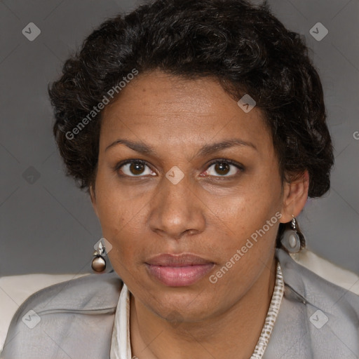 Joyful black adult female with short  brown hair and brown eyes