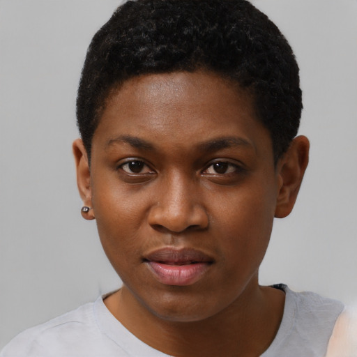 Neutral black young-adult female with short  brown hair and brown eyes