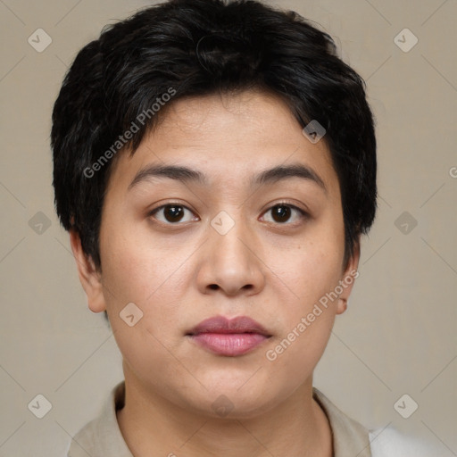 Joyful asian young-adult female with short  brown hair and brown eyes