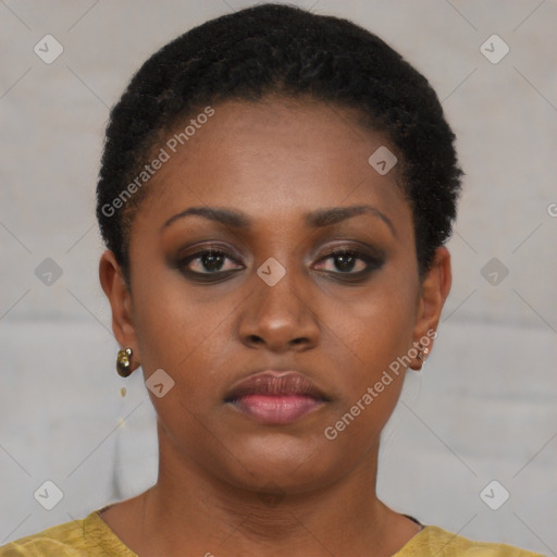 Neutral black young-adult female with short  black hair and brown eyes