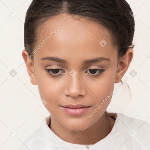 Joyful white child female with short  brown hair and brown eyes