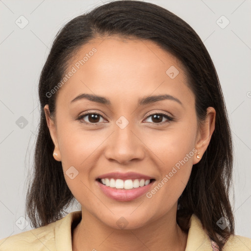 Joyful white young-adult female with long  brown hair and brown eyes