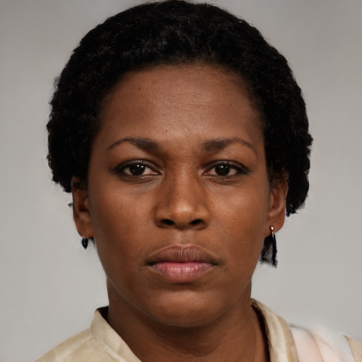 Neutral black adult female with short  black hair and brown eyes