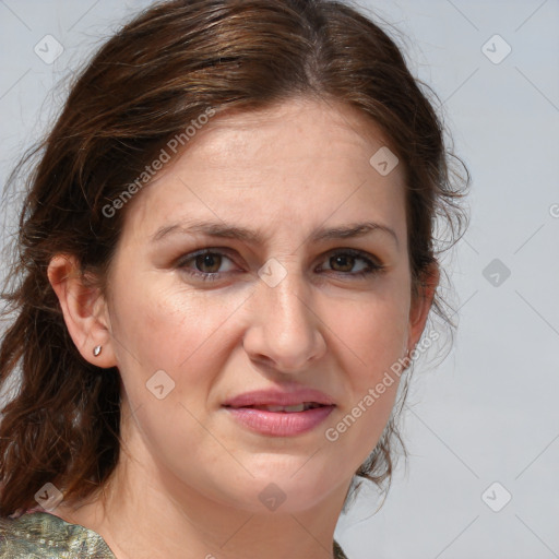 Joyful white young-adult female with medium  brown hair and blue eyes