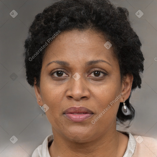 Joyful black adult female with short  brown hair and brown eyes