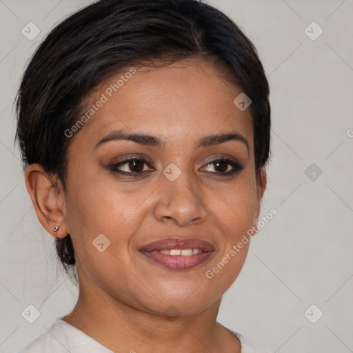 Joyful latino young-adult female with short  brown hair and brown eyes