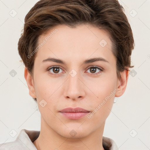 Neutral white young-adult female with short  brown hair and brown eyes