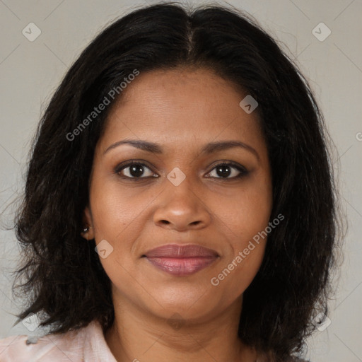 Joyful black young-adult female with medium  brown hair and brown eyes