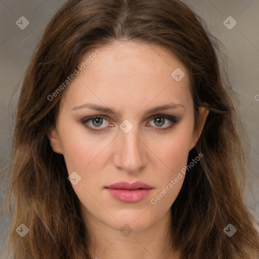 Neutral white young-adult female with long  brown hair and brown eyes