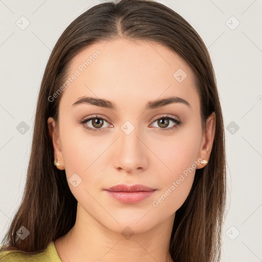 Neutral white young-adult female with long  brown hair and brown eyes