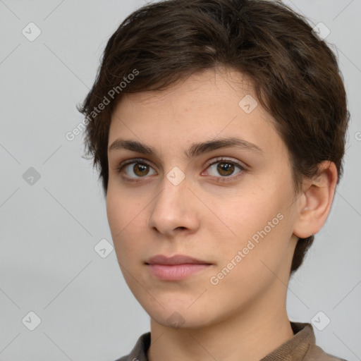 Neutral white young-adult female with short  brown hair and brown eyes