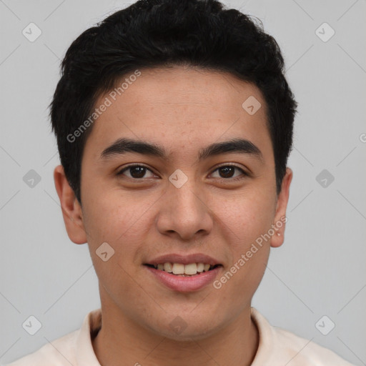 Joyful latino young-adult male with short  brown hair and brown eyes