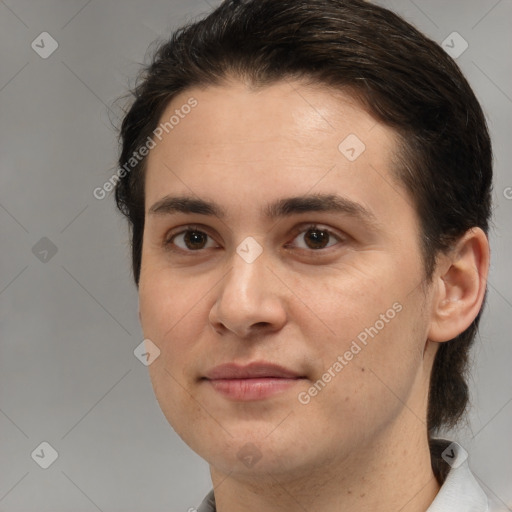 Joyful white young-adult female with short  brown hair and brown eyes