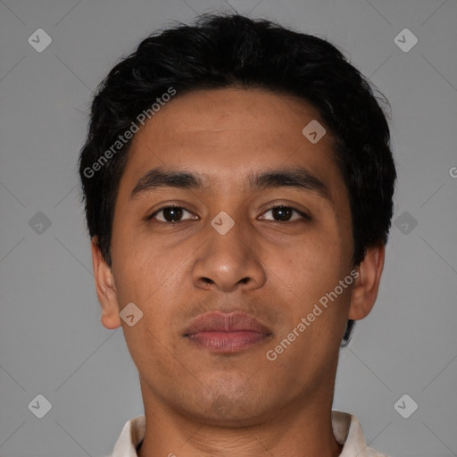 Neutral latino young-adult male with short  black hair and brown eyes