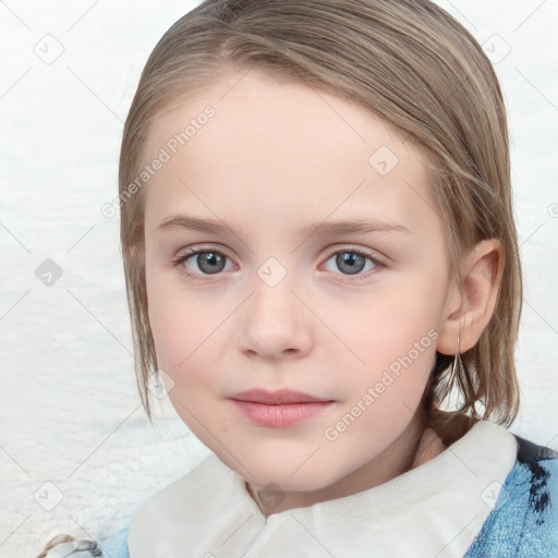 Neutral white child female with medium  brown hair and blue eyes