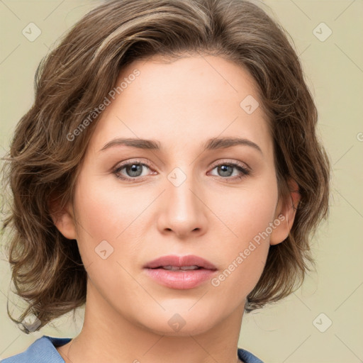 Joyful white young-adult female with medium  brown hair and green eyes