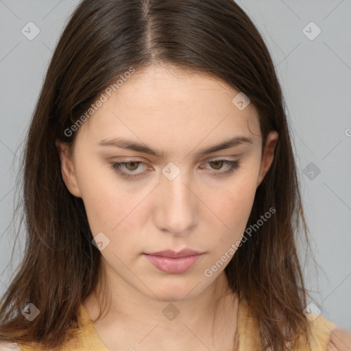 Neutral white young-adult female with medium  brown hair and brown eyes