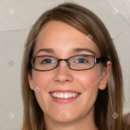 Joyful white young-adult female with long  brown hair and blue eyes