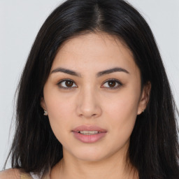 Neutral asian young-adult female with long  black hair and brown eyes