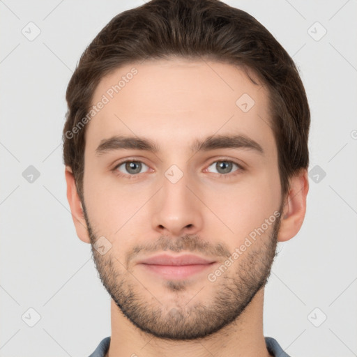 Neutral white young-adult male with short  brown hair and brown eyes