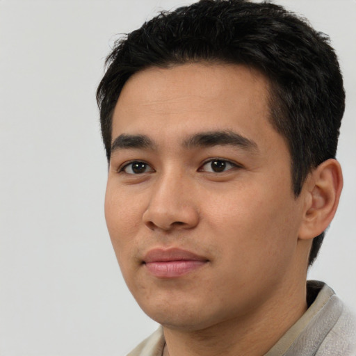 Neutral asian young-adult male with short  black hair and brown eyes
