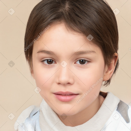 Joyful white child female with medium  brown hair and brown eyes