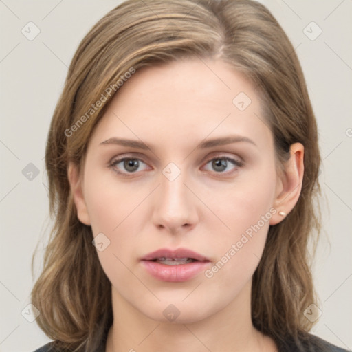 Neutral white young-adult female with medium  brown hair and grey eyes