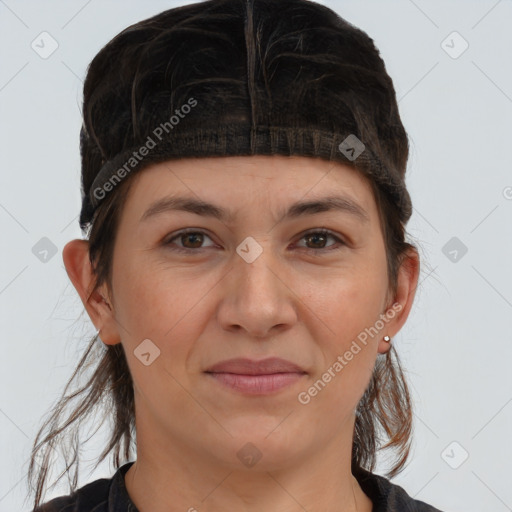 Joyful white young-adult female with medium  brown hair and brown eyes