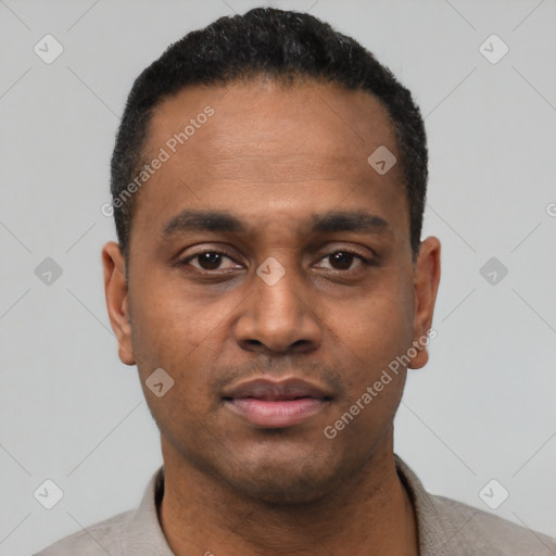 Neutral latino young-adult male with short  black hair and brown eyes