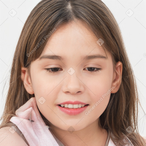 Joyful white child female with long  brown hair and brown eyes