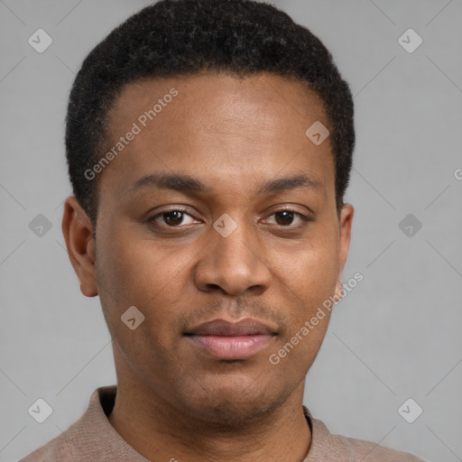 Neutral latino young-adult male with short  brown hair and brown eyes