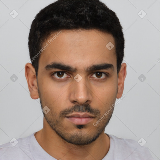 Neutral latino young-adult male with short  black hair and brown eyes