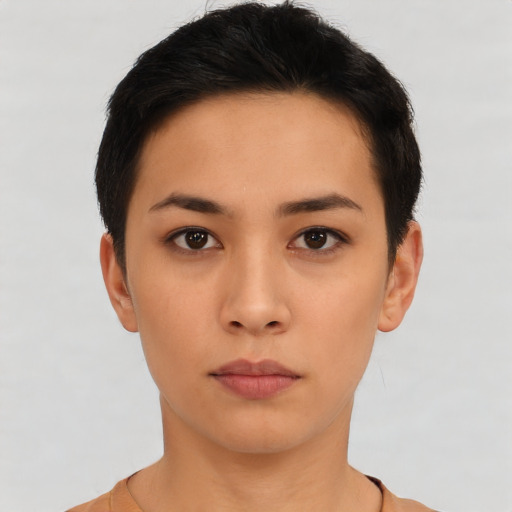 Neutral asian young-adult female with short  black hair and brown eyes