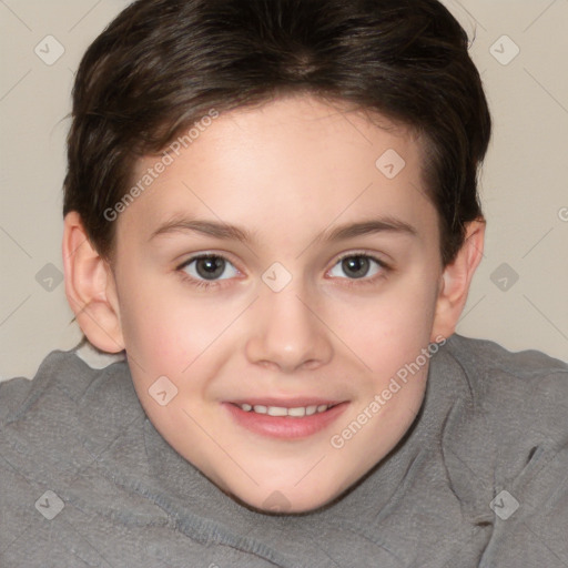 Joyful white child female with short  brown hair and brown eyes