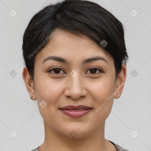 Joyful asian young-adult female with short  brown hair and brown eyes