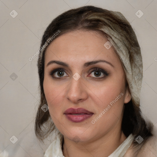 Joyful white young-adult female with medium  brown hair and brown eyes