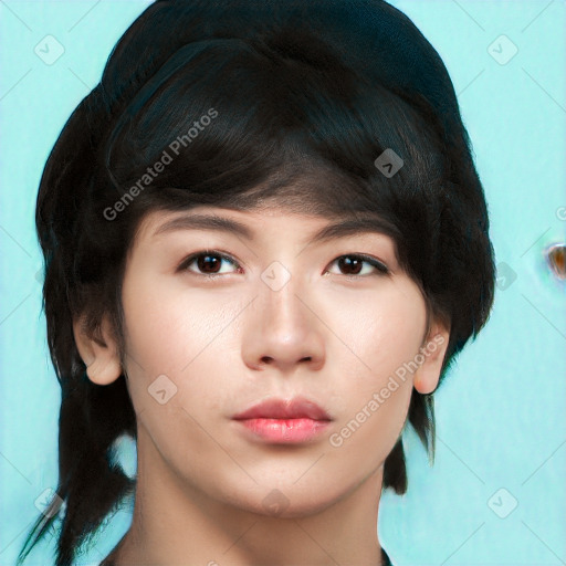 Neutral asian young-adult female with medium  brown hair and brown eyes