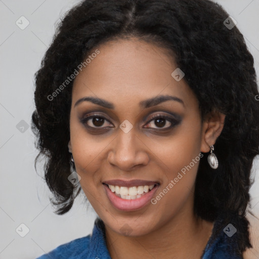 Joyful latino young-adult female with long  black hair and brown eyes