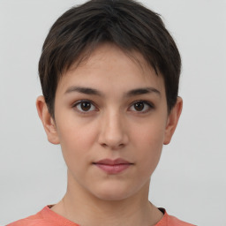 Neutral white young-adult female with short  brown hair and brown eyes