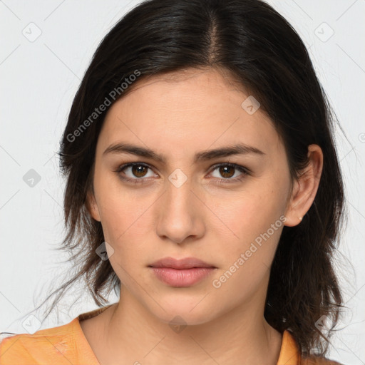 Neutral white young-adult female with medium  brown hair and brown eyes